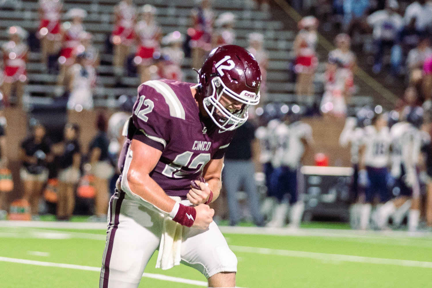 Cinco Ranch’s Gavin Rutherford celebrates after throwing for a touchdown during Friday’s game between Cinco Ranch and Tompkins at Rhodes Stadium.